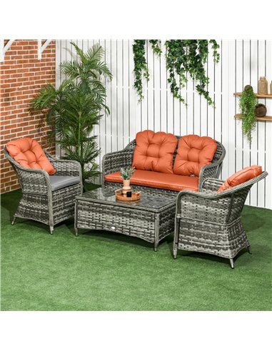 Outsunny Four-Piece Rattan Sofa Set, with Glass-Top Table - Orange