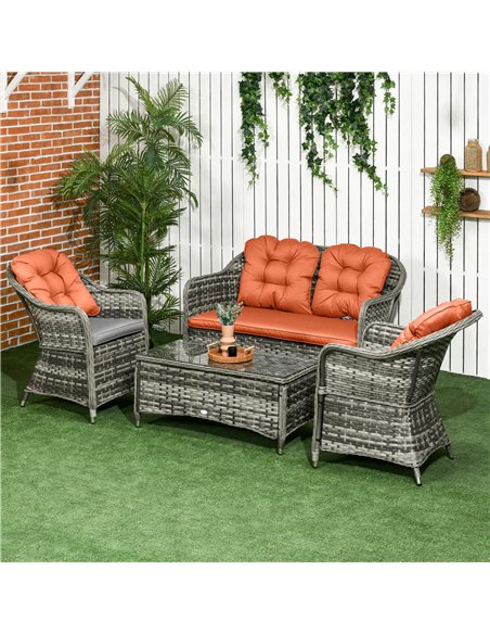 Outsunny Four-Piece Rattan Sofa Set, with Glass-Top Table - Orange - pic 129289 | FastDaddyshop