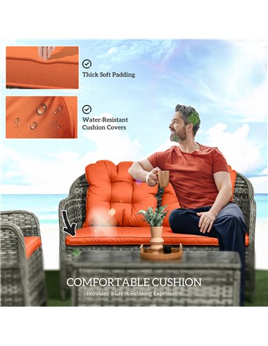 Outsunny Four-Piece Rattan Sofa Set, with Glass-Top Table - Orange