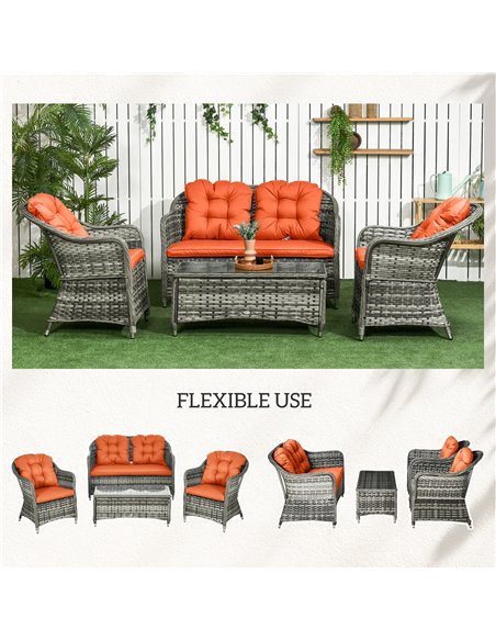 Outsunny Four-Piece Rattan Sofa Set, with Glass-Top Table - Orange - pic 129294 | FastDaddyshop