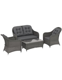Outsunny Four-Piece Rattan Sofa Set, with Glass-Top Table - Light Grey