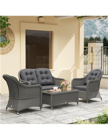 Outsunny Four-Piece Rattan Sofa Set, with Glass-Top Table - Light Grey