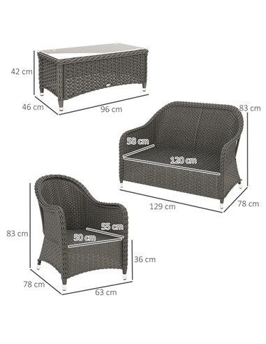 Outsunny Four-Piece Rattan Sofa Set, with Glass-Top Table - Light Grey