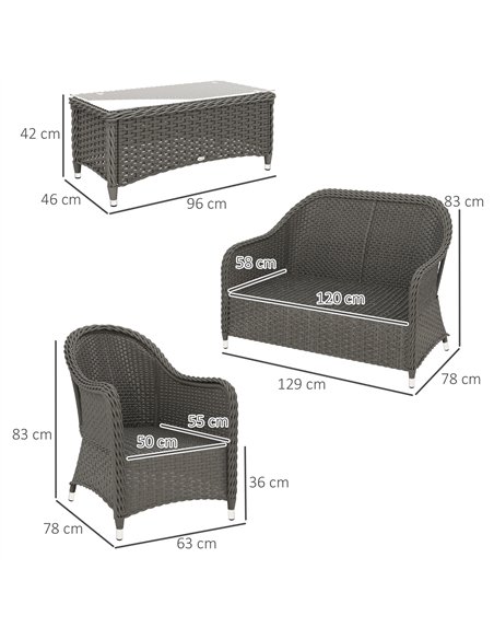 Outsunny Four-Piece Rattan Sofa Set, with Glass-Top Table - Light Grey - pic 129308 | FastDaddyshop
