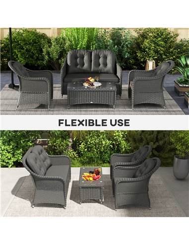 Outsunny Four-Piece Rattan Sofa Set, with Glass-Top Table - Light Grey