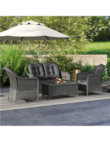 Outsunny Four-Piece Rattan Sofa Set, with Glass-Top Table - Light Grey