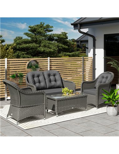 Outsunny Four-Piece Rattan Sofa Set, with Glass-Top Table - Light Grey