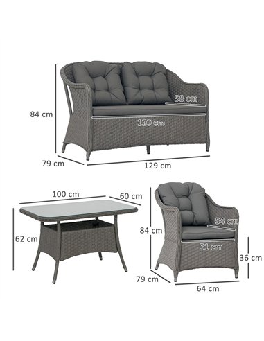 Outsunny Four-Piece Rattan Set, with Glass-Top Table - Light Grey