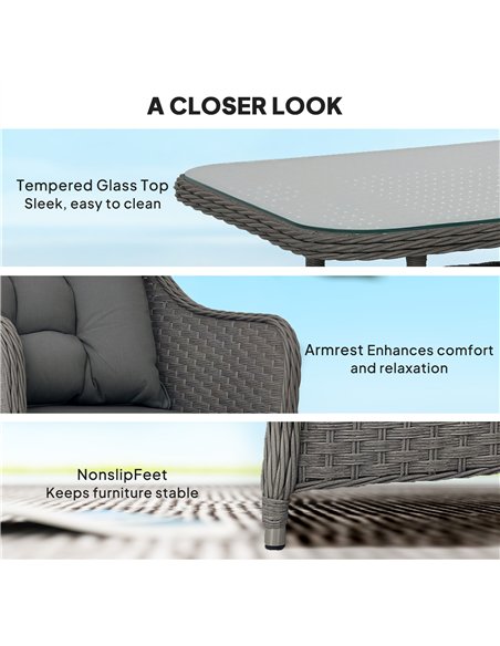 Outsunny Four-Piece Rattan Set, with Glass-Top Table - Light Grey - pic 129320 | FastDaddyshop