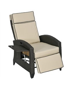 Outsunny Outdoor Recliner Chair with Adjustable Backrest and Footrest, Cushion, Side Tray, Khaki