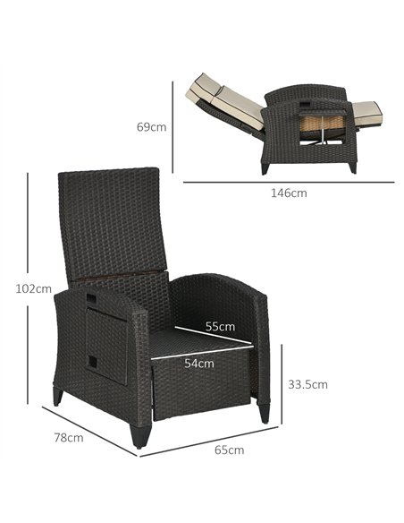 Outsunny Outdoor Recliner Chair with Adjustable Backrest and Footrest, Cushion, Side Tray, Khaki - pic 129335 | FastDaddyshop