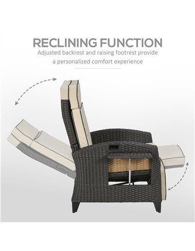 Outsunny Outdoor Recliner Chair with Adjustable Backrest and Footrest, Cushion, Side Tray, Khaki