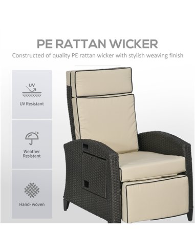 Outsunny Outdoor Recliner Chair with Adjustable Backrest and Footrest, Cushion, Side Tray, Khaki