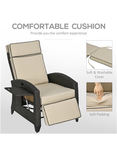 Outsunny Outdoor Recliner Chair with Adjustable Backrest and Footrest, Cushion, Side Tray, Khaki