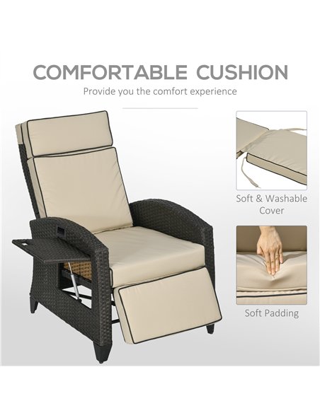 Outsunny Outdoor Recliner Chair with Adjustable Backrest and Footrest, Cushion, Side Tray, Khaki - pic 129339 | FastDaddyshop
