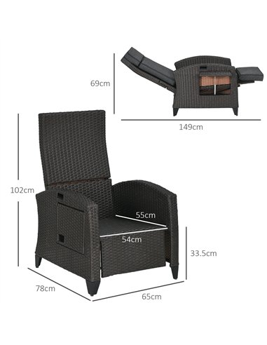 Outsunny Outdoor Recliner Chair with Adjustable Backrest and Footrest, Cushion, Side Tray, Grey