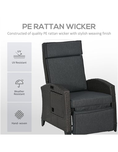 Outsunny Outdoor Recliner Chair with Adjustable Backrest and Footrest, Cushion, Side Tray, Grey