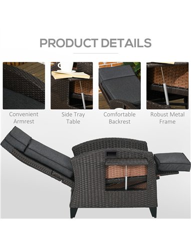 Outsunny Outdoor Recliner Chair with Adjustable Backrest and Footrest, Cushion, Side Tray, Grey