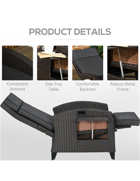 Outsunny Outdoor Recliner Chair with Adjustable Backrest and Footrest, Cushion, Side Tray, Grey - pic 129347 | FastDaddyshop