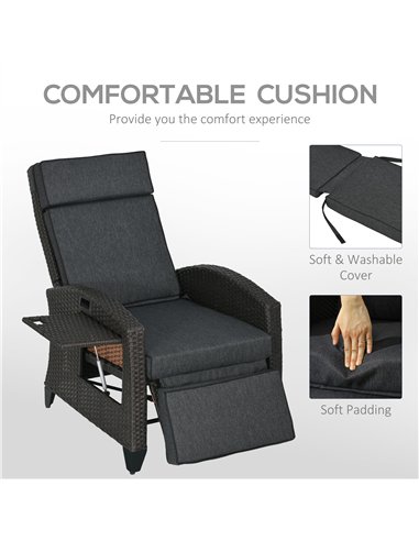 Outsunny Outdoor Recliner Chair with Adjustable Backrest and Footrest, Cushion, Side Tray, Grey