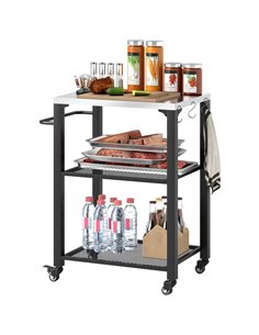Outsunny Three-Shelf Outdoor Grill Cart with Stainless Steel Top, Outdoor Kitchen Island with 4 Wheels, 3 Hooks, Movable Food Pr