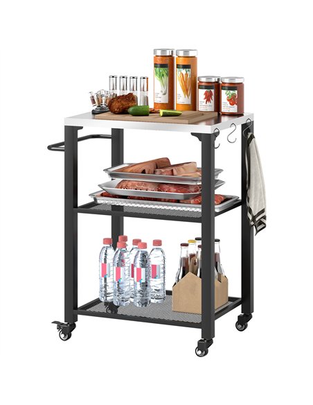 Outsunny Three-Shelf Outdoor Grill Cart with Stainless Steel Top, Outdoor Kitchen Island with 4 Wheels, 3 Hooks, Movable Food Pr - pic 129351 | FastDaddyshop
