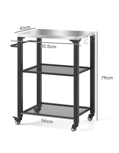 Outsunny Three-Shelf Outdoor Grill Cart with Stainless Steel Top, Outdoor Kitchen Island with 4 Wheels, 3 Hooks, Movable Food Pr