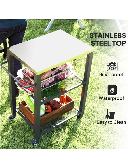 Outsunny Three-Shelf Outdoor Grill Cart with Stainless Steel Top, Outdoor Kitchen Island with 4 Wheels, 3 Hooks, Movable Food Pr - pic 129354 | FastDaddyshop