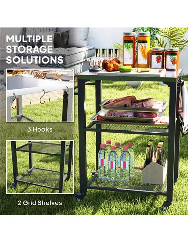 Outsunny Three-Shelf Outdoor Grill Cart with Stainless Steel Top, Outdoor Kitchen Island with 4 Wheels, 3 Hooks, Movable Food Pr