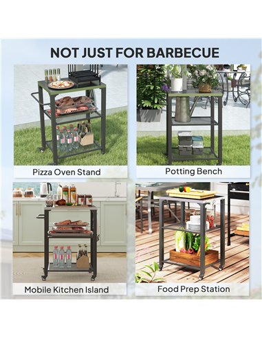 Outsunny Three-Shelf Outdoor Grill Cart with Stainless Steel Top, Outdoor Kitchen Island with 4 Wheels, 3 Hooks, Movable Food Pr