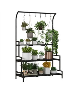Outsunny 3 Tiered Plant Rack with Hanging Hooks, Tall Plant Stand for Indoor Outdoor Porch Balcony Use, Black