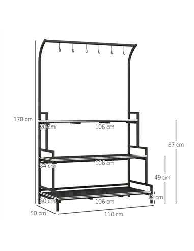 Outsunny 3 Tiered Plant Rack with Hanging Hooks, Tall Plant Stand for Indoor Outdoor Porch Balcony Use, Black