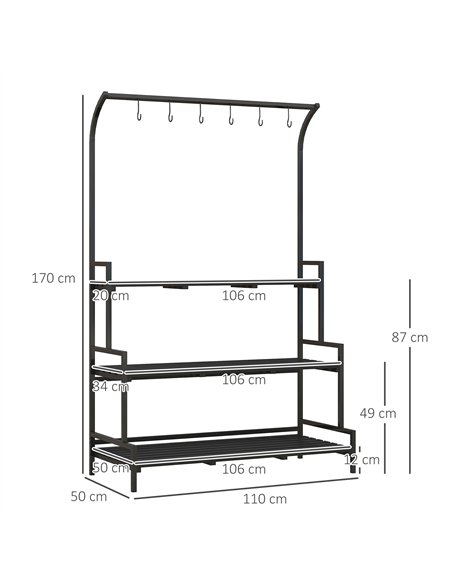 Outsunny 3 Tiered Plant Rack with Hanging Hooks, Tall Plant Stand for Indoor Outdoor Porch Balcony Use, Black - pic 129452 | FastDaddyshop