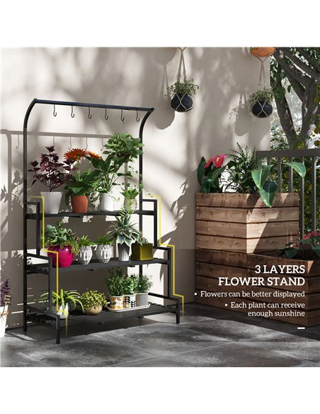 Outsunny 3 Tiered Plant Rack with Hanging Hooks, Tall Plant Stand for Indoor Outdoor Porch Balcony Use, Black - pic 129453 | FastDaddyshop