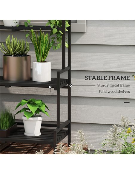 Outsunny 3 Tiered Plant Rack with Hanging Hooks, Tall Plant Stand for Indoor Outdoor Porch Balcony Use, Black - pic 129455 | FastDaddyshop