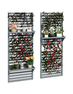 Outsunny Wall Mounted Plant Stands Set of 2, Fir Wood Flower Stand with Shelves and Slatted Trellis for Patio, Balcony, Porch