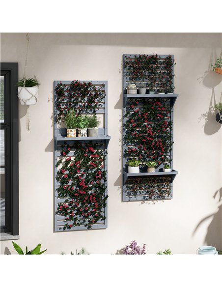 Outsunny Wall Mounted Plant Stands Set of 2, Fir Wood Flower Stand with Shelves and Slatted Trellis for Patio, Balcony, Porch - pic 129460 | FastDaddyshop