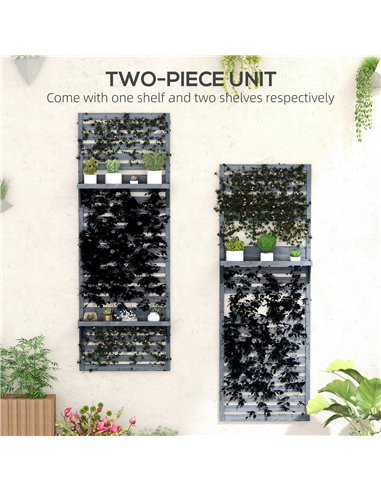Outsunny Wall Mounted Plant Stands Set of 2, Fir Wood Flower Stand with Shelves and Slatted Trellis for Patio, Balcony, Porch