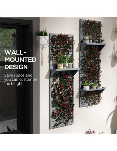 Outsunny Wall Mounted Plant Stands Set of 2, Fir Wood Flower Stand with Shelves and Slatted Trellis for Patio, Balcony, Porch