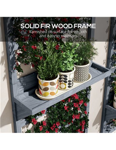 Outsunny Wall Mounted Plant Stands Set of 2, Fir Wood Flower Stand with Shelves and Slatted Trellis for Patio, Balcony, Porch