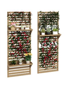 Outsunny Wall Mounted Plant Stands Set of 2, Fir Wood Flower Stand with Shelves and Slatted Trellis for Patio, Balcony, Porch
