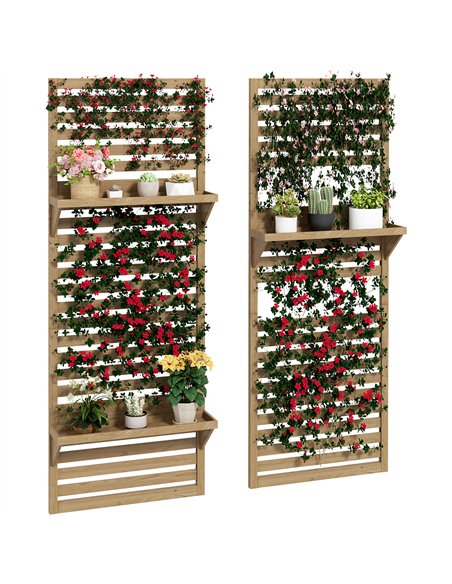 Outsunny Wall Mounted Plant Stands Set of 2, Fir Wood Flower Stand with Shelves and Slatted Trellis for Patio, Balcony, Porch - pic 129468 | FastDaddyshop