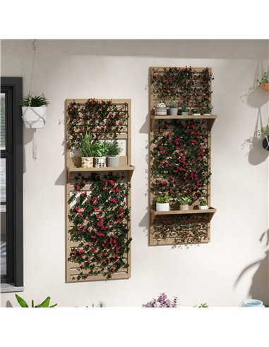 Outsunny Wall Mounted Plant Stands Set of 2, Fir Wood Flower Stand with Shelves and Slatted Trellis for Patio, Balcony, Porch