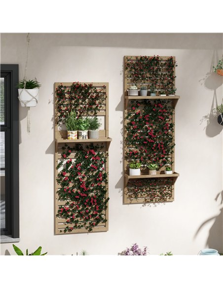 Outsunny Wall Mounted Plant Stands Set of 2, Fir Wood Flower Stand with Shelves and Slatted Trellis for Patio, Balcony, Porch - pic 129469 | FastDaddyshop