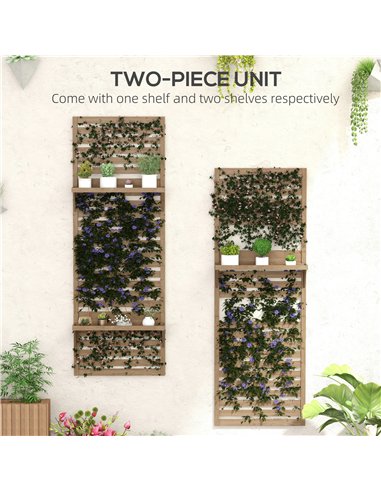 Outsunny Wall Mounted Plant Stands Set of 2, Fir Wood Flower Stand with Shelves and Slatted Trellis for Patio, Balcony, Porch