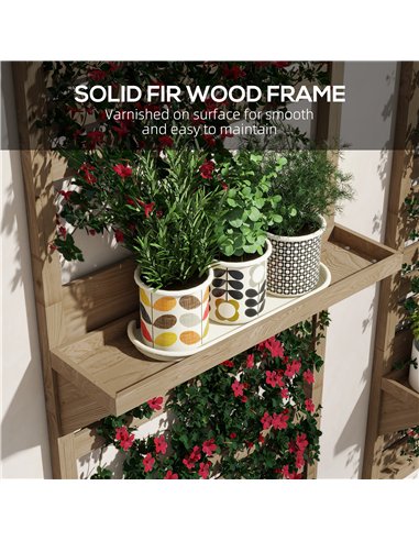 Outsunny Wall Mounted Plant Stands Set of 2, Fir Wood Flower Stand with Shelves and Slatted Trellis for Patio, Balcony, Porch
