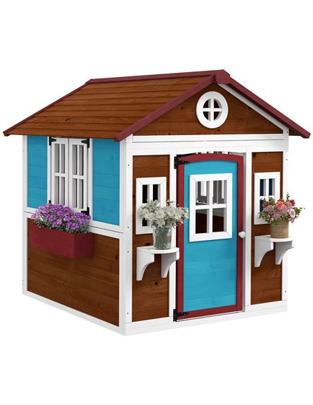 Outsunny Wooden Playhouse with Doors, Windows, Plant Pots, Boxes, for 3-8 Years - Dark Brown - pic 129477 | FastDaddyshop