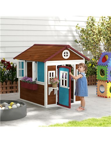 Outsunny Wooden Playhouse with Doors, Windows, Plant Pots, Boxes, for 3-8 Years - Dark Brown