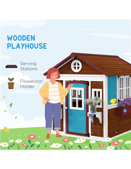 Outsunny Wooden Playhouse with Doors, Windows, Plant Pots, Boxes, for 3-8 Years - Dark Brown - pic 129480 | FastDaddyshop