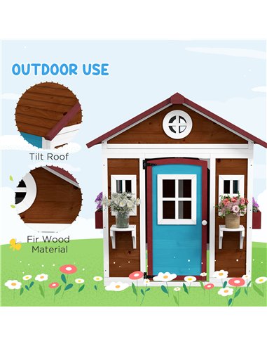 Outsunny Wooden Playhouse with Doors, Windows, Plant Pots, Boxes, for 3-8 Years - Dark Brown